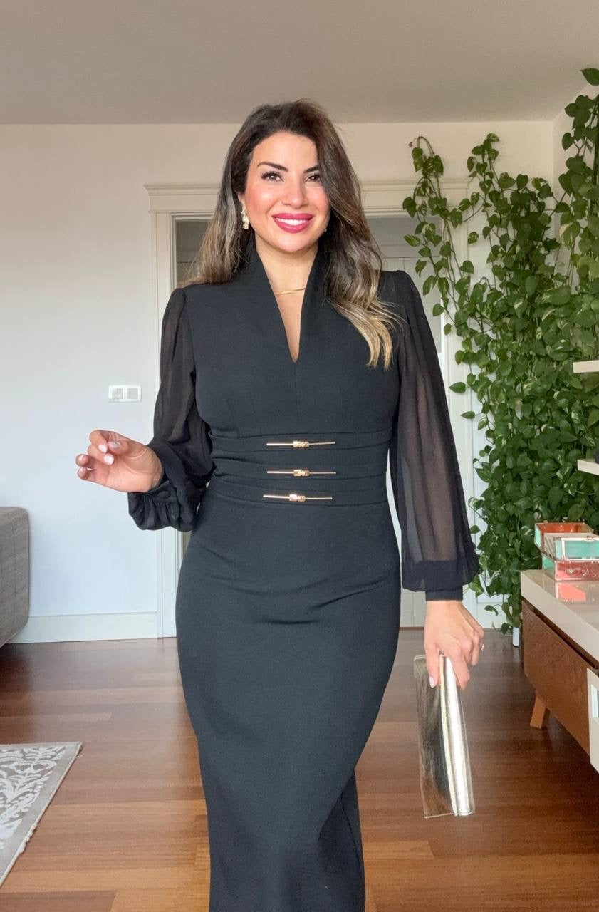 BALLOON SLEEVE CORSET MIDI DRESS - BLACK