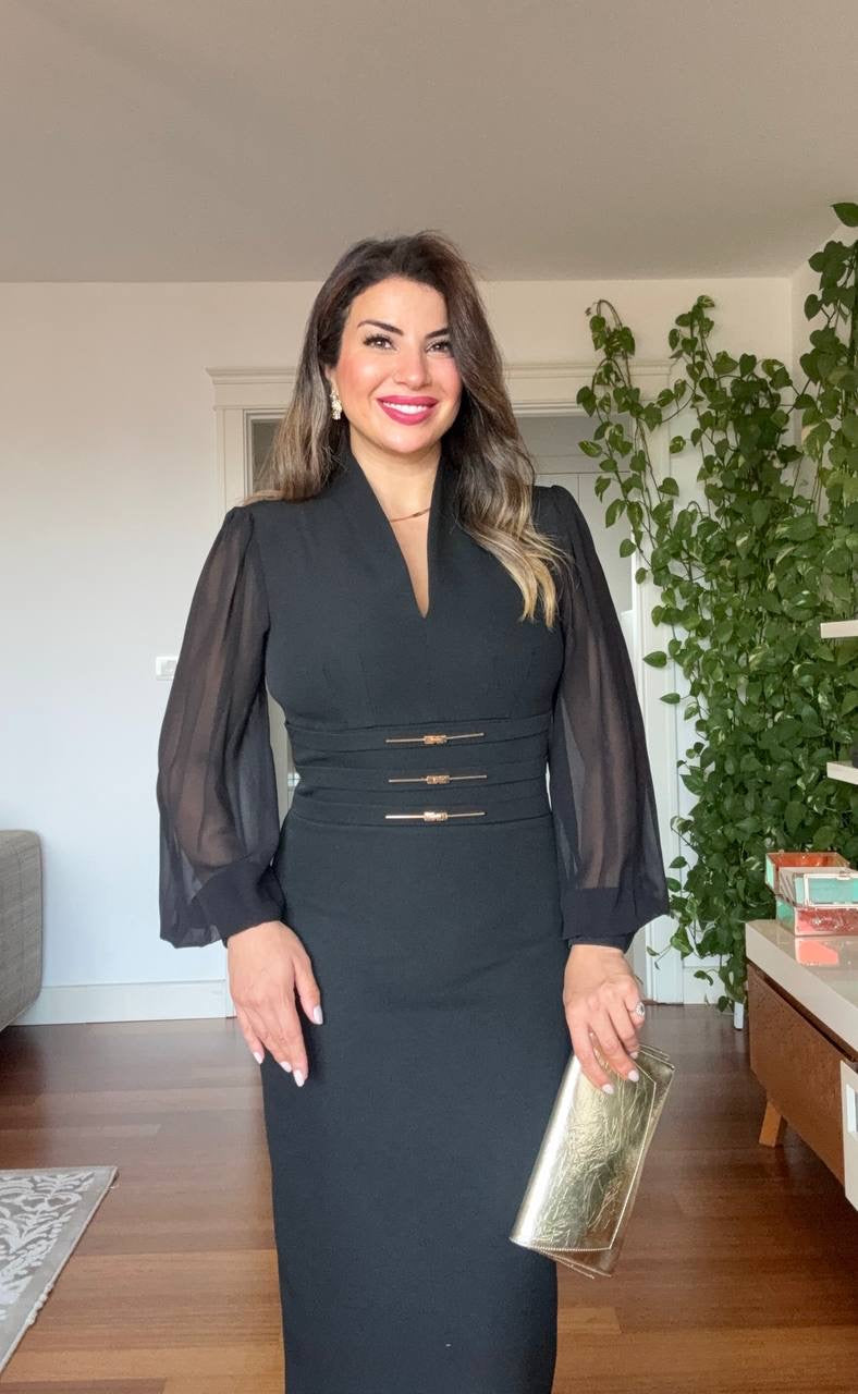 BALLOON SLEEVE CORSET MIDI DRESS - BLACK