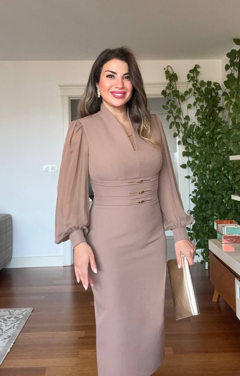 BALLOON SLEEVE CORSET MIDI DRESS - BROWN