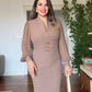 BALLOON SLEEVE CORSET MIDI DRESS - BROWN