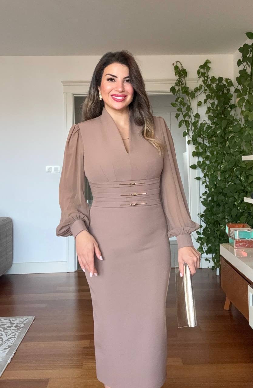 BALLOON SLEEVE CORSET MIDI DRESS - BROWN