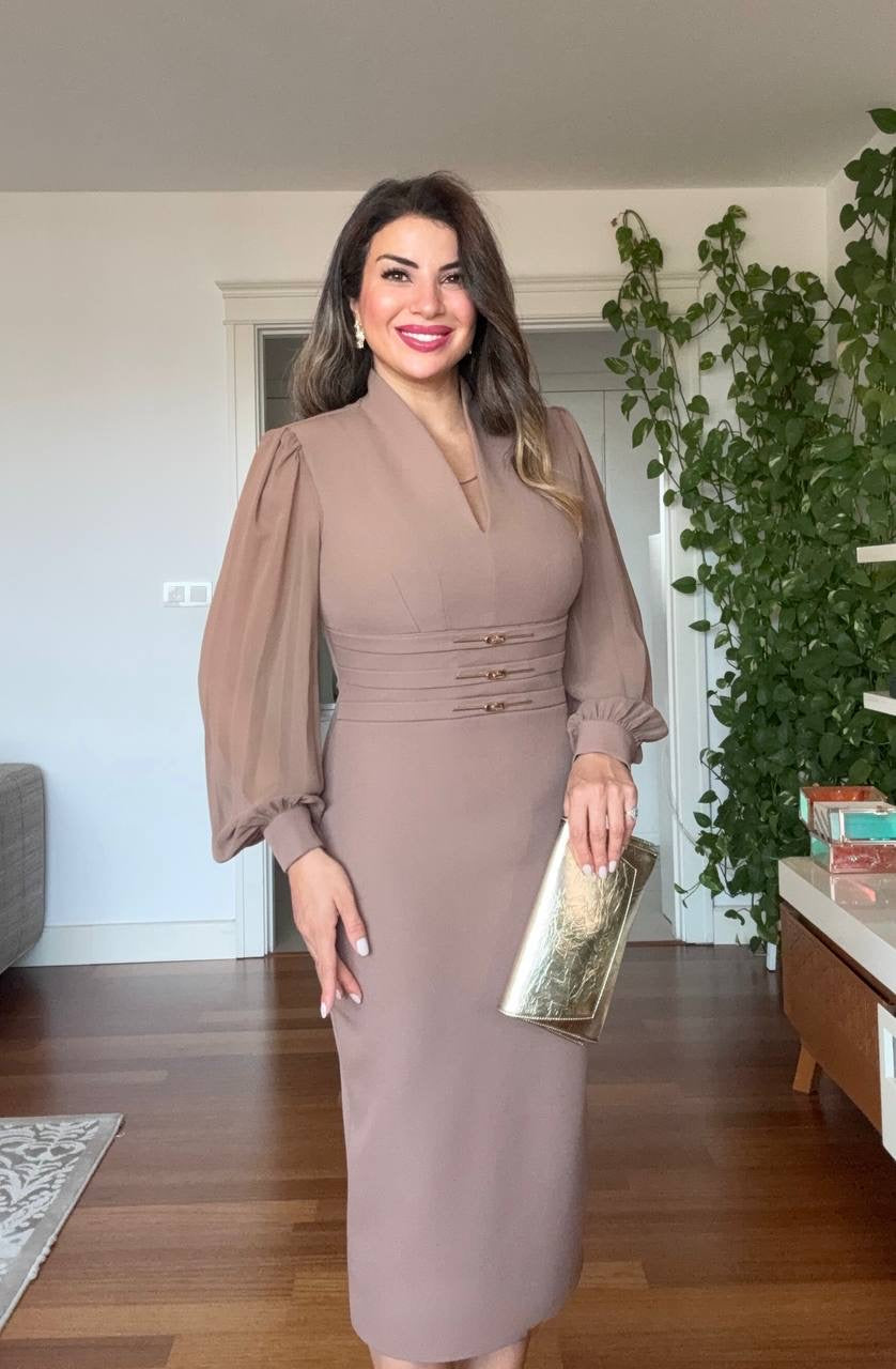 BALLOON SLEEVE CORSET MIDI DRESS - BROWN