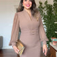 BALLOON SLEEVE CORSET MIDI DRESS - BROWN