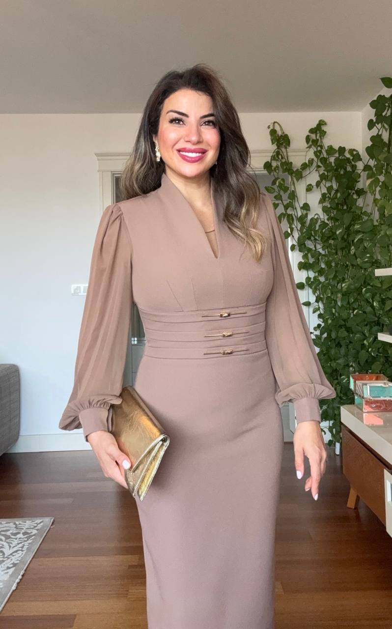 BALLOON SLEEVE CORSET MIDI DRESS - BROWN