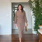BALLOON SLEEVE CORSET MIDI DRESS - BROWN