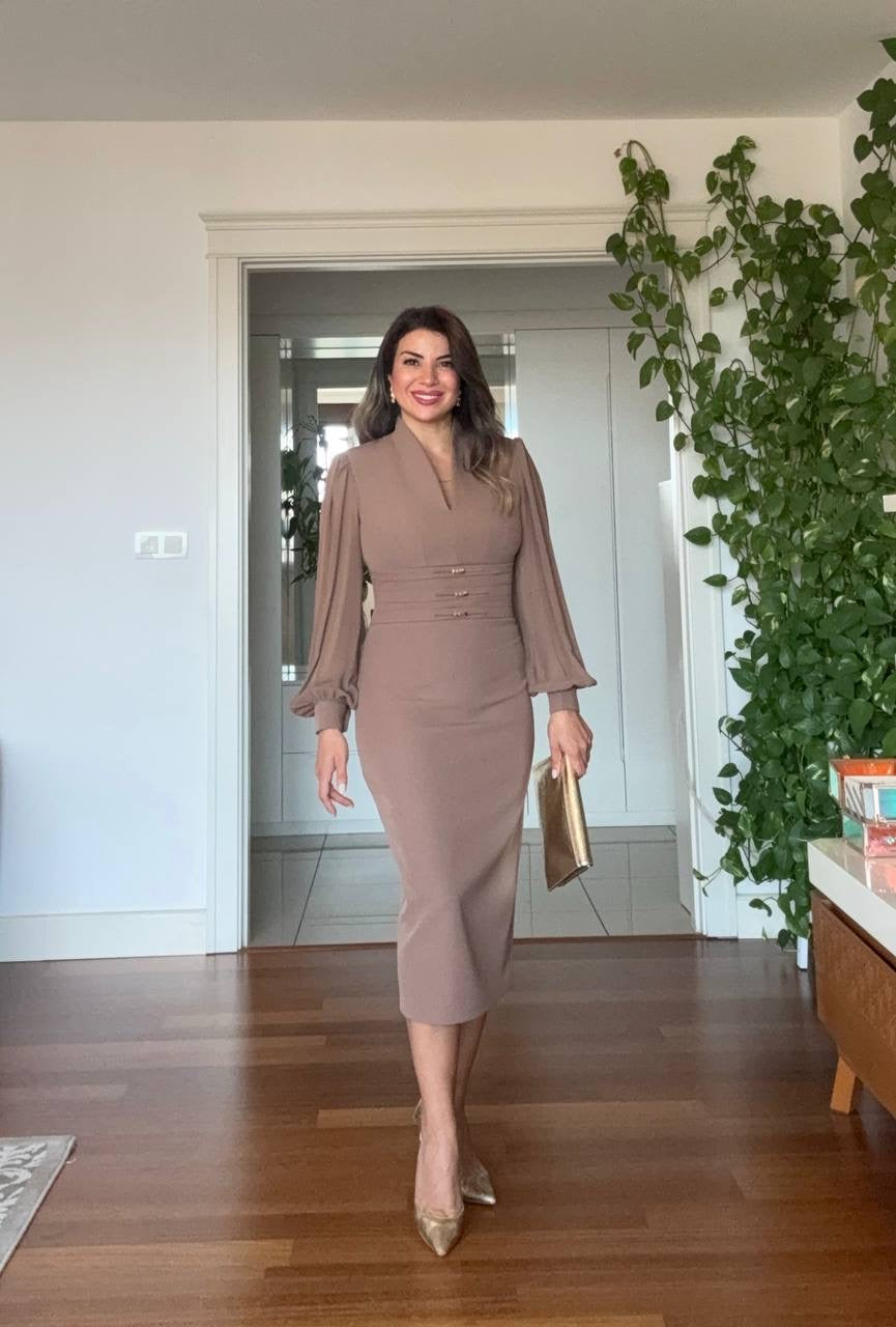BALLOON SLEEVE CORSET MIDI DRESS - BROWN