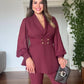 BALLOON SLEEVE BELTED BLAZER SET - BURGUNDY