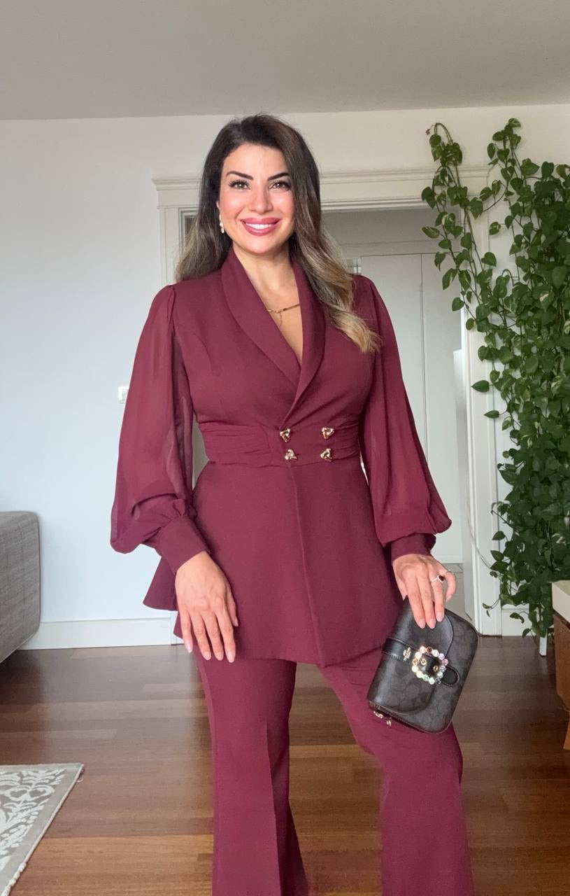 BALLOON SLEEVE BELTED BLAZER SET - BURGUNDY