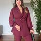 BALLOON SLEEVE BELTED BLAZER SET - BURGUNDY