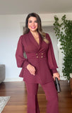 BALLOON SLEEVE BELTED BLAZER SET - BURGUNDY