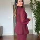 BALLOON SLEEVE BELTED BLAZER SET - BURGUNDY