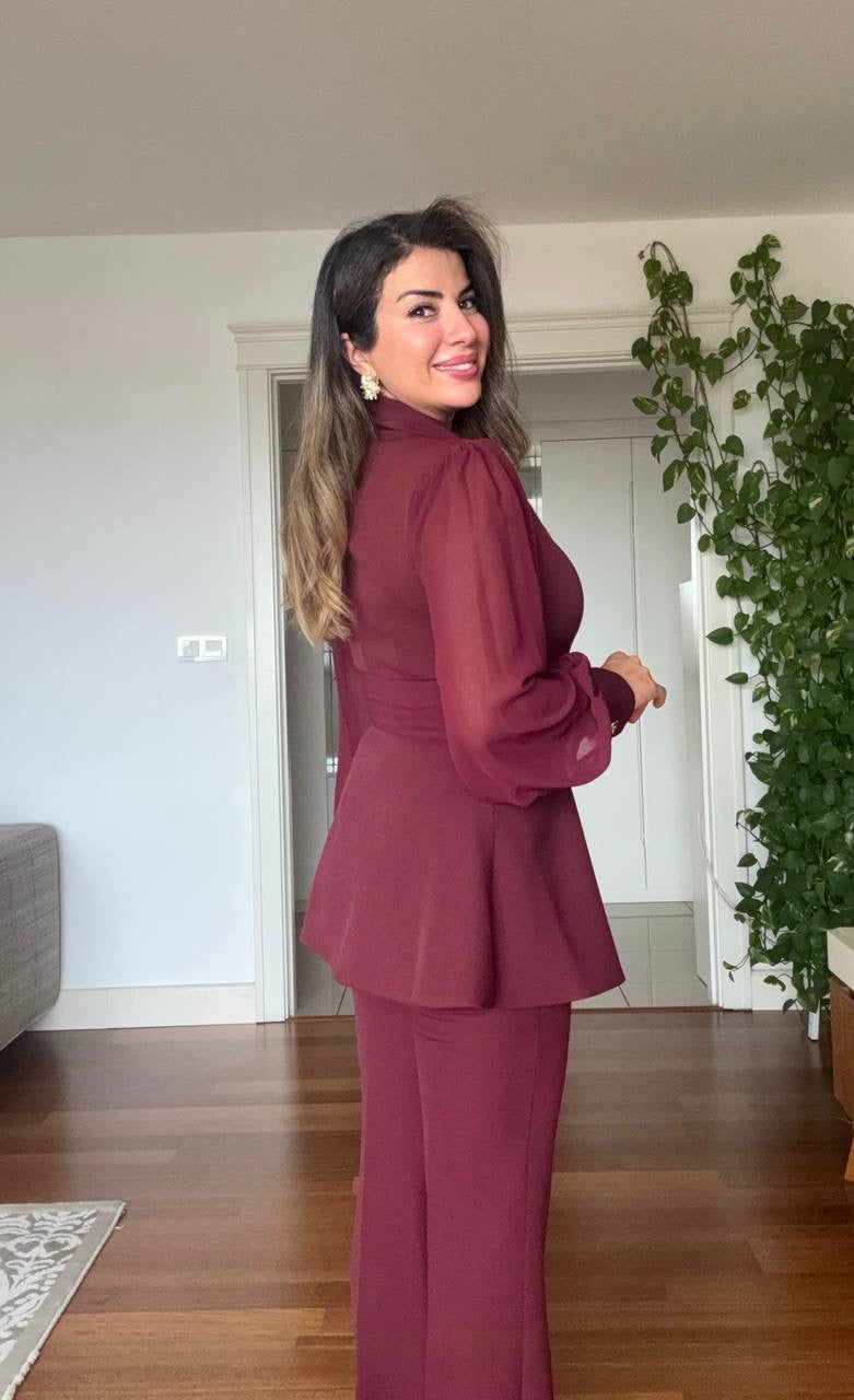 BALLOON SLEEVE BELTED BLAZER SET - BURGUNDY