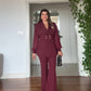 BALLOON SLEEVE BELTED BLAZER SET - BURGUNDY