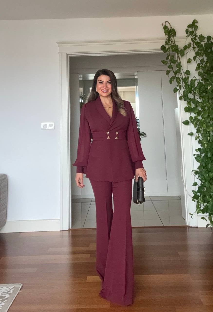 BALLOON SLEEVE BELTED BLAZER SET - BURGUNDY