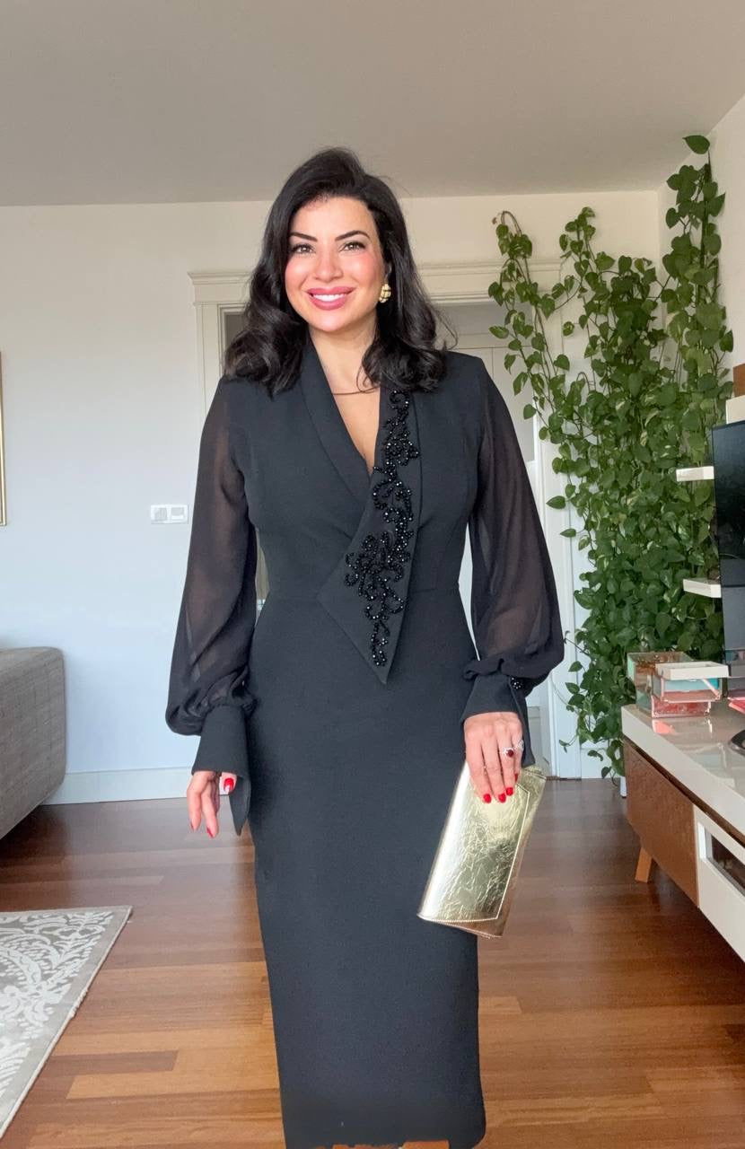 BEADED EMBROIDERED CHIFFON SLEEVE MIDI DRESS - BLACK