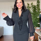 BEADED EMBROIDERED CHIFFON SLEEVE MIDI DRESS - BLACK