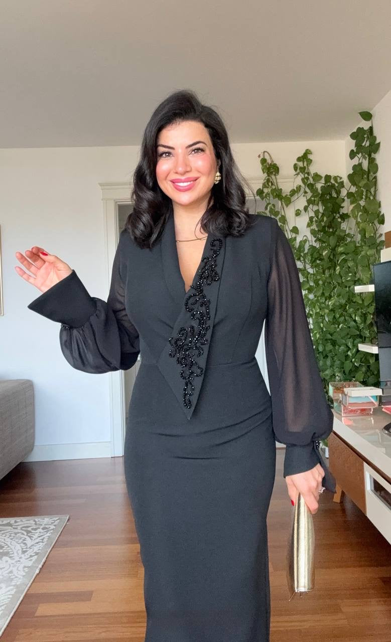 BEADED EMBROIDERED CHIFFON SLEEVE MIDI DRESS - BLACK