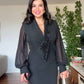BEADED EMBROIDERED CHIFFON SLEEVE MIDI DRESS - BLACK
