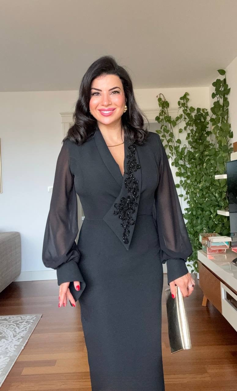 BEADED EMBROIDERED CHIFFON SLEEVE MIDI DRESS - BLACK