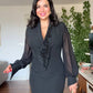 BEADED EMBROIDERED CHIFFON SLEEVE MIDI DRESS - BLACK
