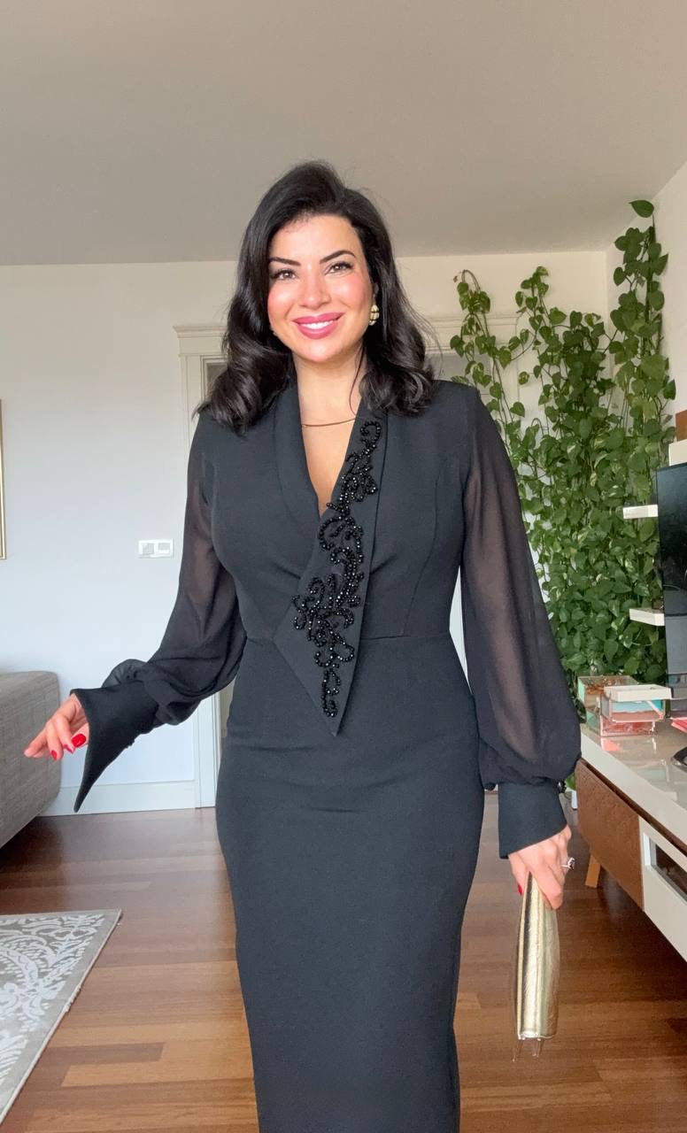 BEADED EMBROIDERED CHIFFON SLEEVE MIDI DRESS - BLACK