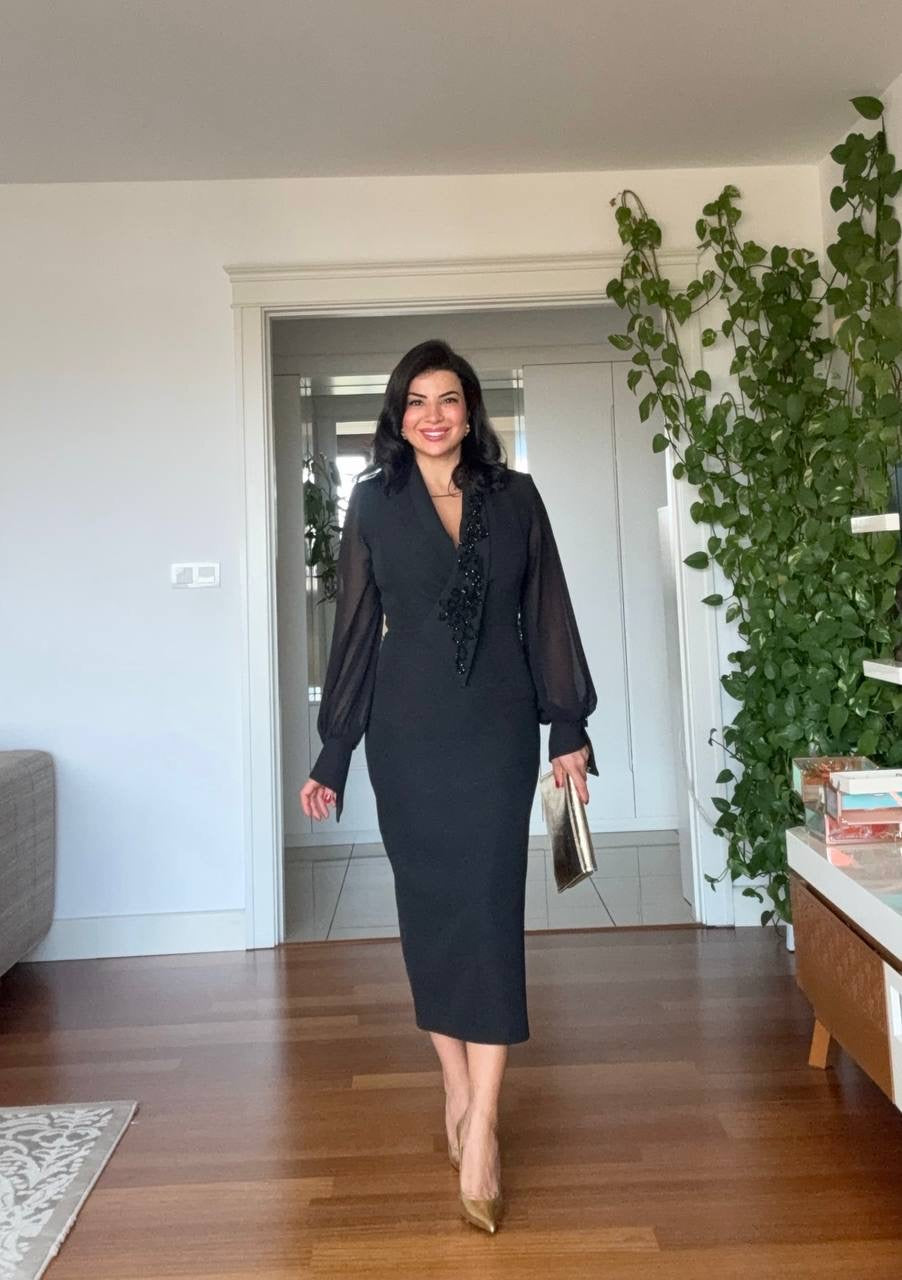 BEADED EMBROIDERED CHIFFON SLEEVE MIDI DRESS - BLACK