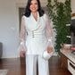 LACE SLEEVE DOUBLE-BREASTED BLAZER & WIDE-LEG TROUSER SUIT – WHİTE
