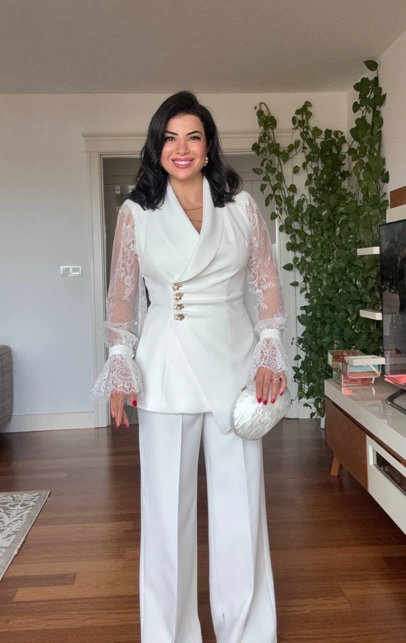 LACE SLEEVE DOUBLE-BREASTED BLAZER & WIDE-LEG TROUSER SUIT – WHİTE