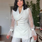 LACE SLEEVE DOUBLE-BREASTED BLAZER & WIDE-LEG TROUSER SUIT – WHİTE