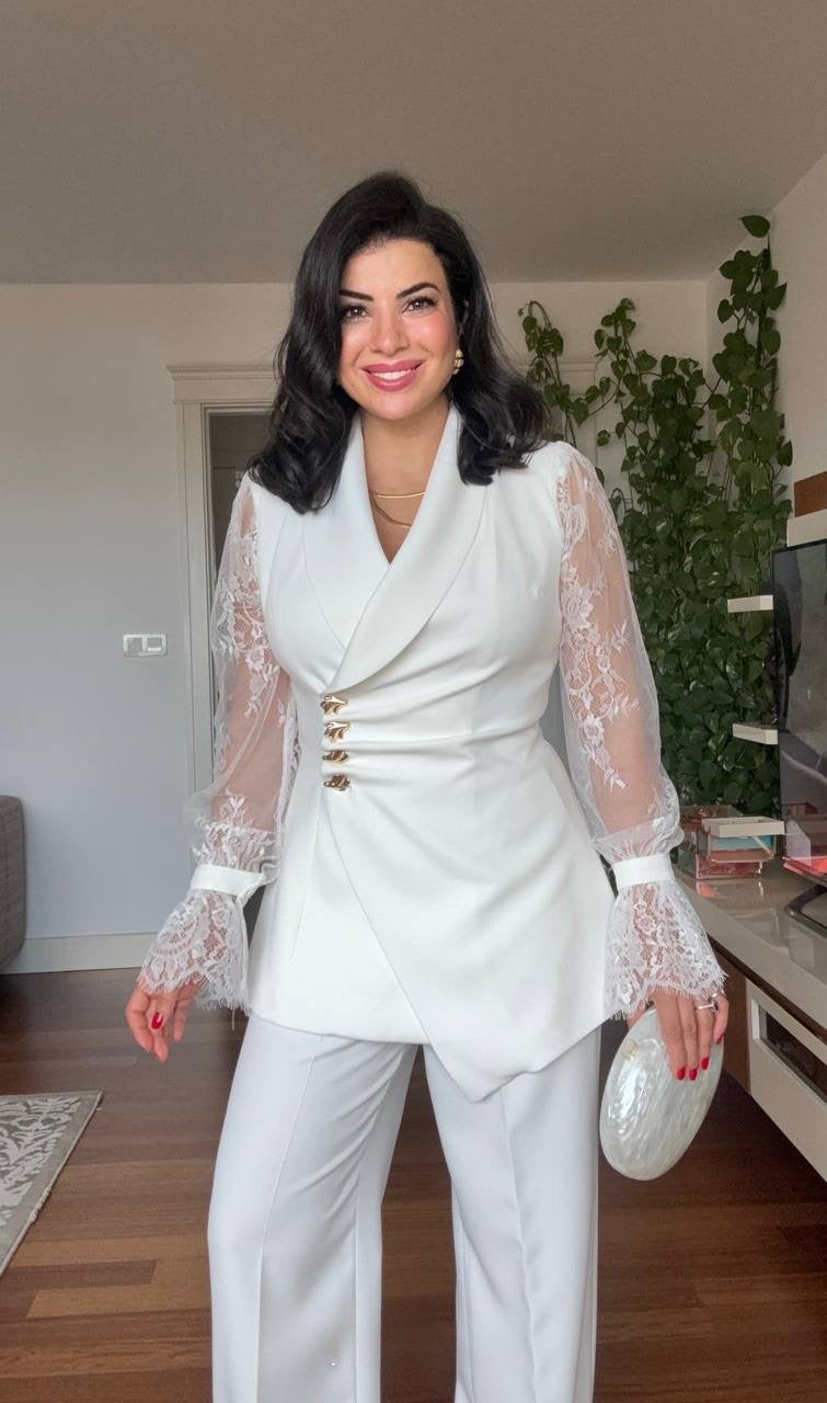 LACE SLEEVE DOUBLE-BREASTED BLAZER & WIDE-LEG TROUSER SUIT – WHİTE