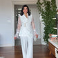 LACE SLEEVE DOUBLE-BREASTED BLAZER & WIDE-LEG TROUSER SUIT – WHİTE