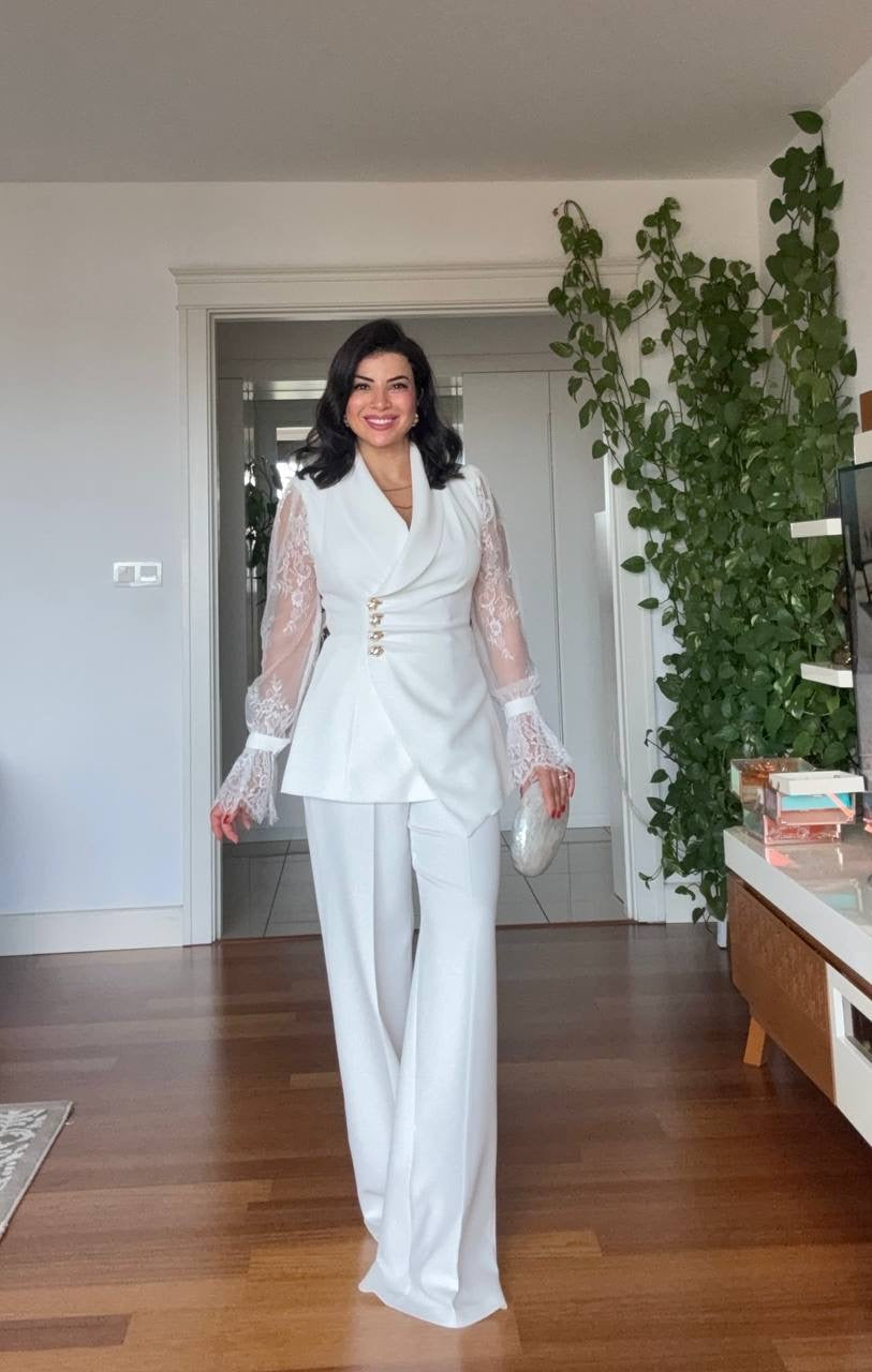 LACE SLEEVE DOUBLE-BREASTED BLAZER & WIDE-LEG TROUSER SUIT – WHİTE