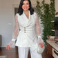 LACE SLEEVE DOUBLE-BREASTED BLAZER & WIDE-LEG TROUSER SUIT – WHİTE
