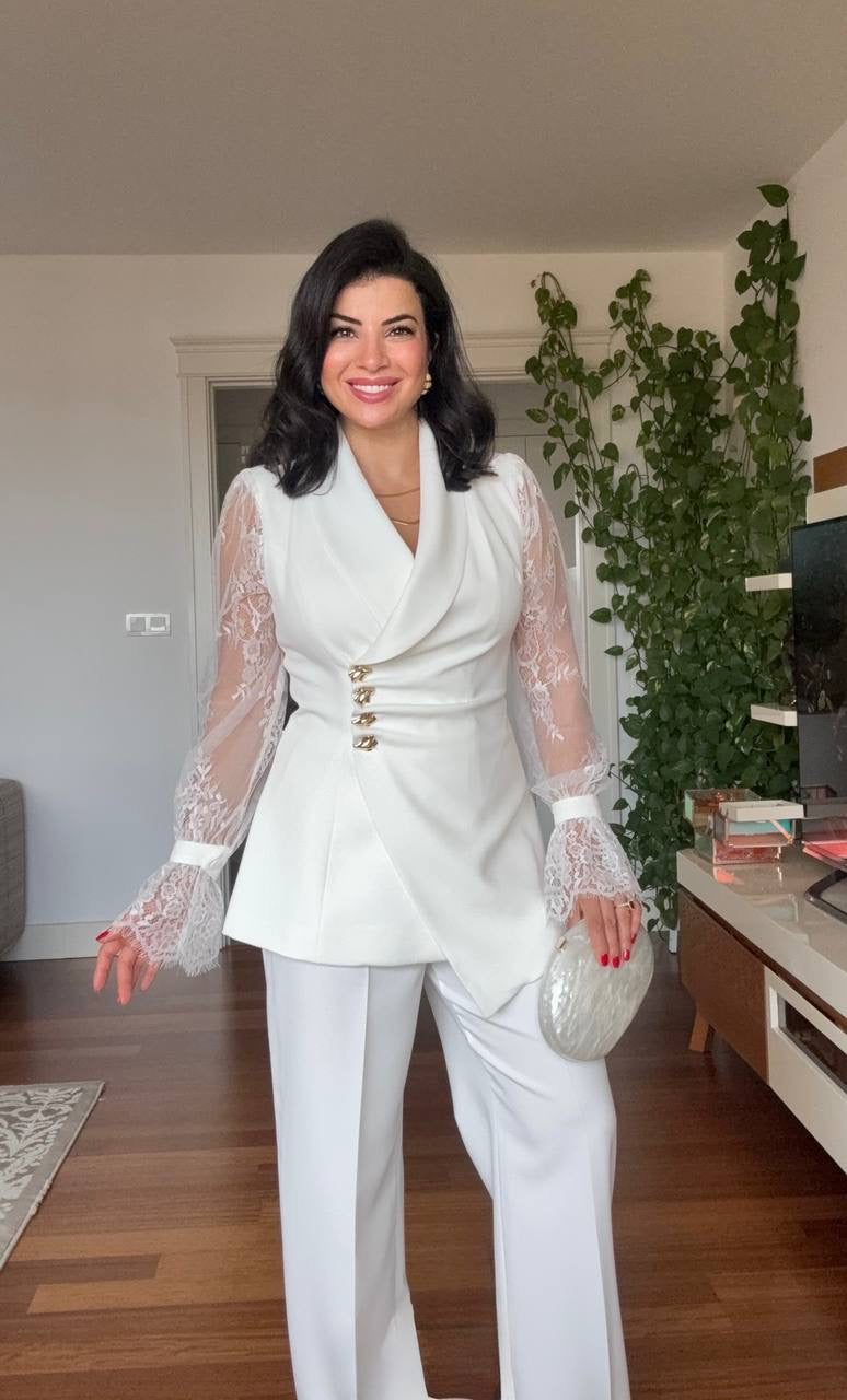 LACE SLEEVE DOUBLE-BREASTED BLAZER & WIDE-LEG TROUSER SUIT – WHİTE