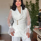 LACE SLEEVE DOUBLE-BREASTED BLAZER & WIDE-LEG TROUSER SUIT – WHİTE