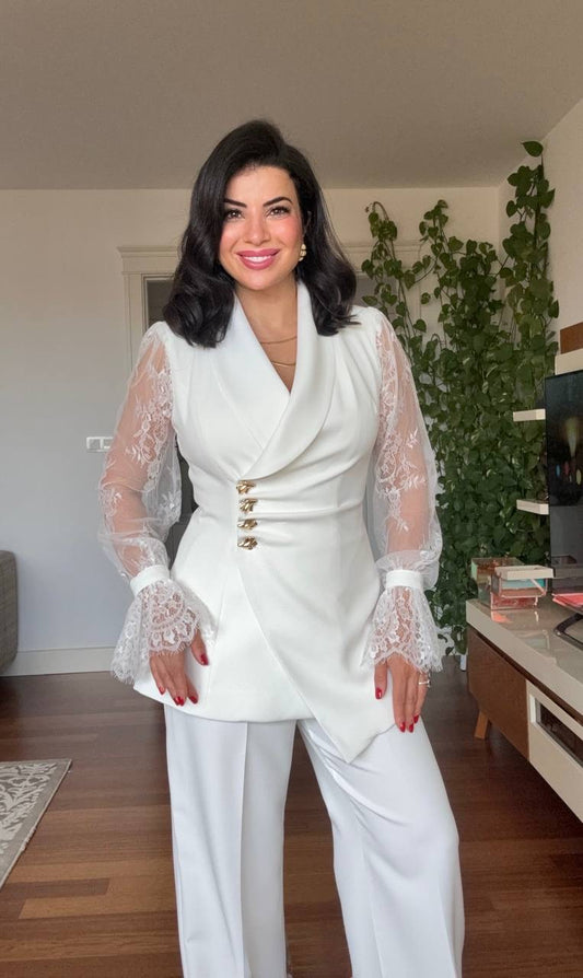 LACE SLEEVE DOUBLE-BREASTED BLAZER & WIDE-LEG TROUSER SUIT – WHİTE