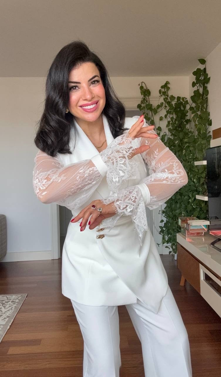 LACE SLEEVE DOUBLE-BREASTED BLAZER & WIDE-LEG TROUSER SUIT – WHİTE