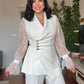 LACE SLEEVE DOUBLE-BREASTED BLAZER & WIDE-LEG TROUSER SUIT – WHİTE