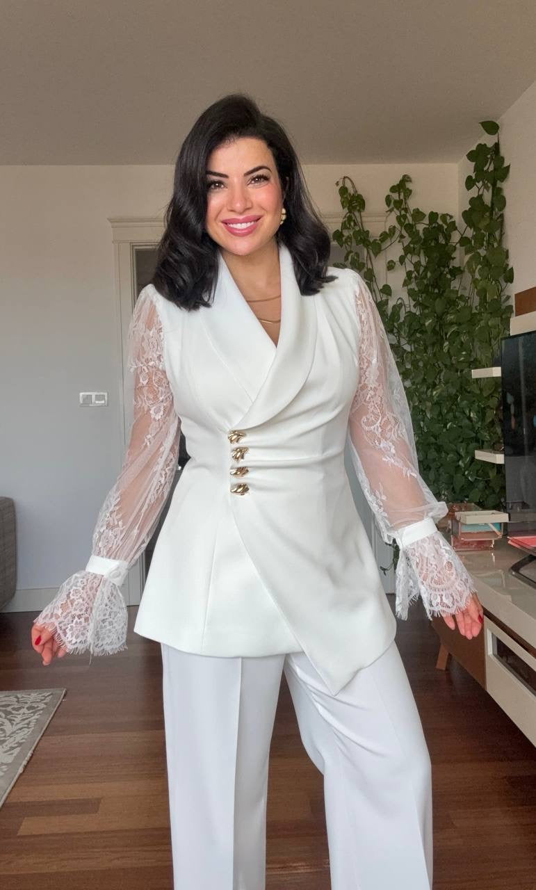 LACE SLEEVE DOUBLE-BREASTED BLAZER & WIDE-LEG TROUSER SUIT – WHİTE