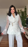 LACE SLEEVE DOUBLE-BREASTED BLAZER & WIDE-LEG TROUSER SUIT – WHİTE