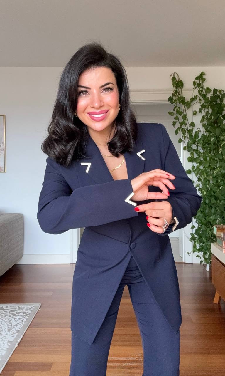 GOLD ACCESSORY DETAIL LONG BLAZER SUIT - NAVY