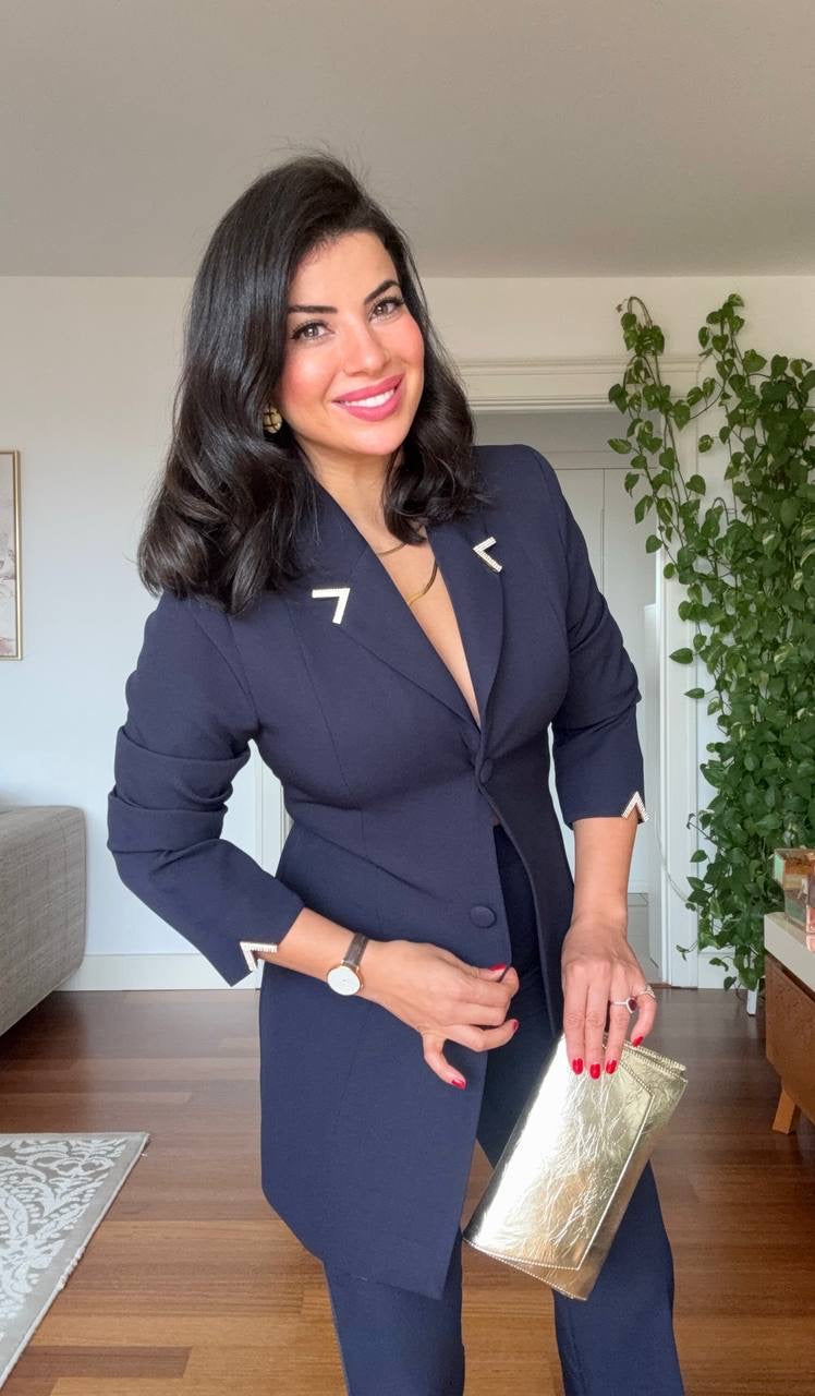 GOLD ACCESSORY DETAIL LONG BLAZER SUIT - NAVY