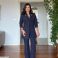 GOLD ACCESSORY DETAIL LONG BLAZER SUIT - NAVY