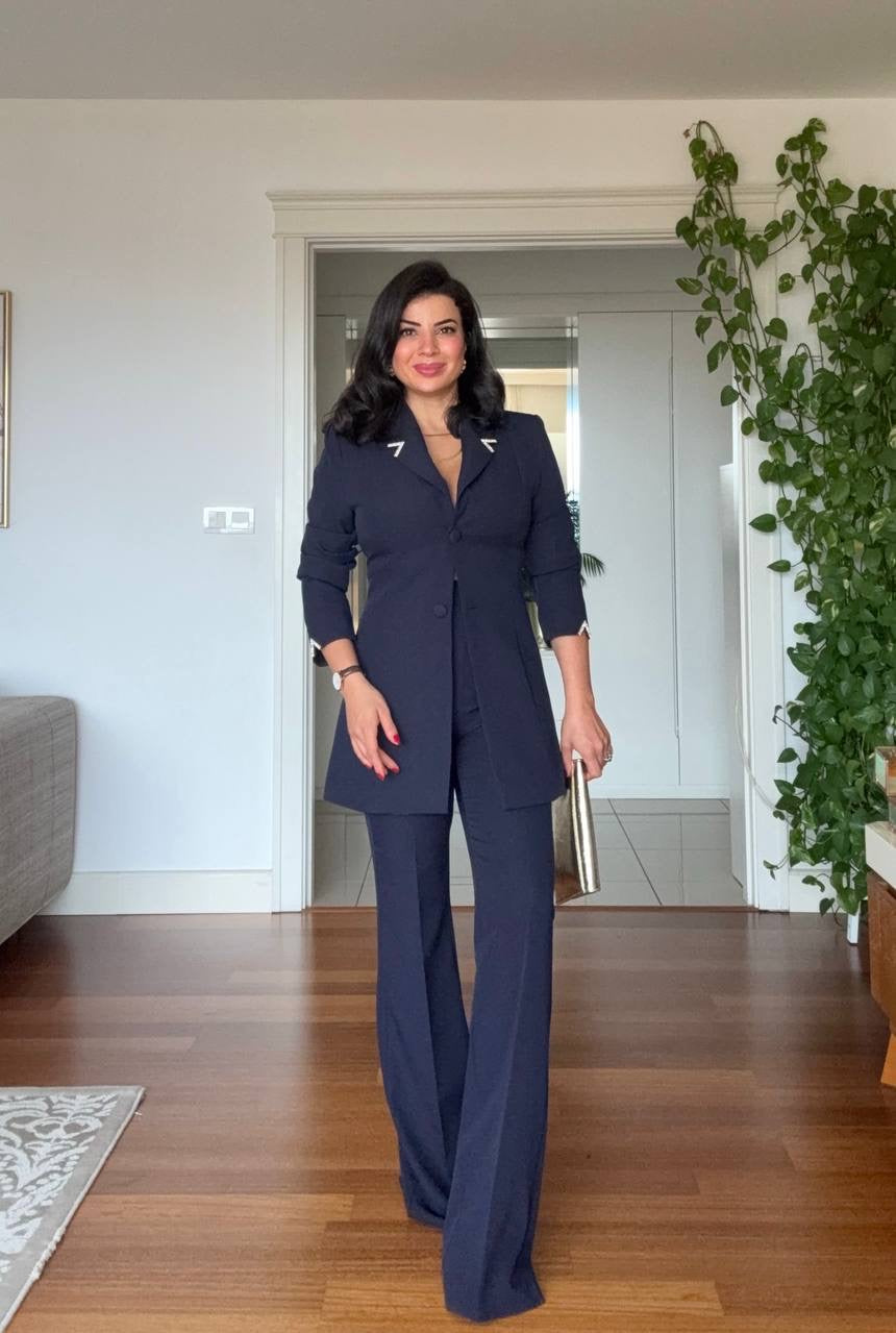 GOLD ACCESSORY DETAIL LONG BLAZER SUIT - NAVY