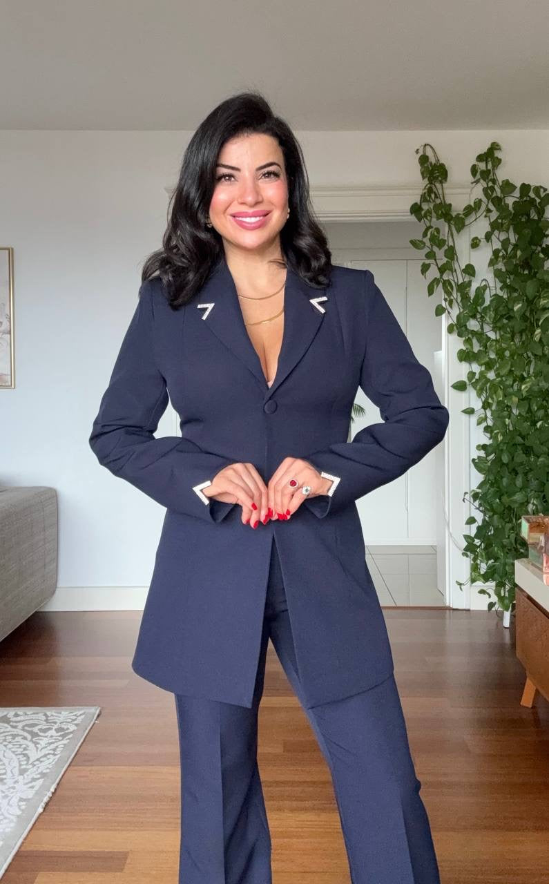 GOLD ACCESSORY DETAIL LONG BLAZER SUIT - NAVY