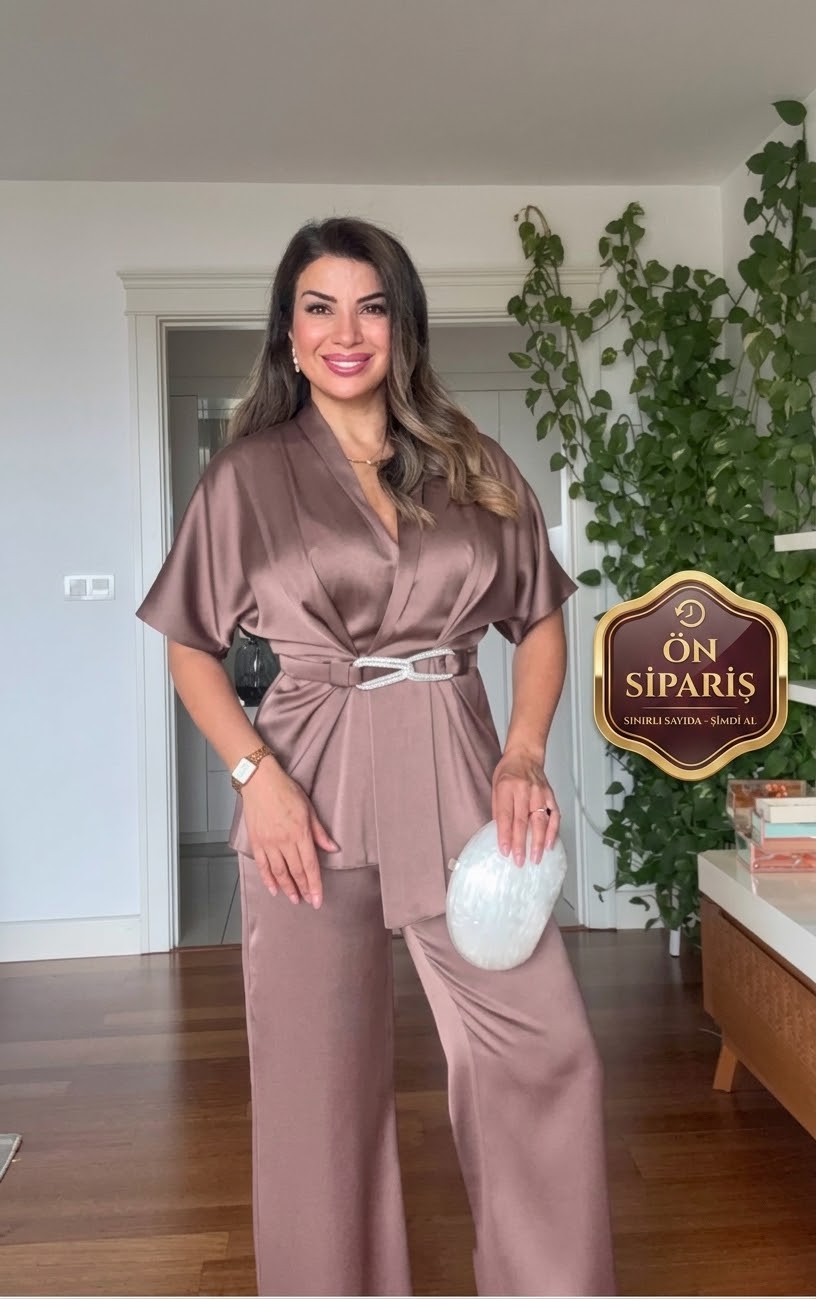 SATIN TWO-PIECE SET WITH WRAP TIE DETAIL - MOCHA BROWN