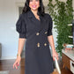 BALLOON SLEEVE BROOCH DETAIL BLAZER DRESS - BLACK