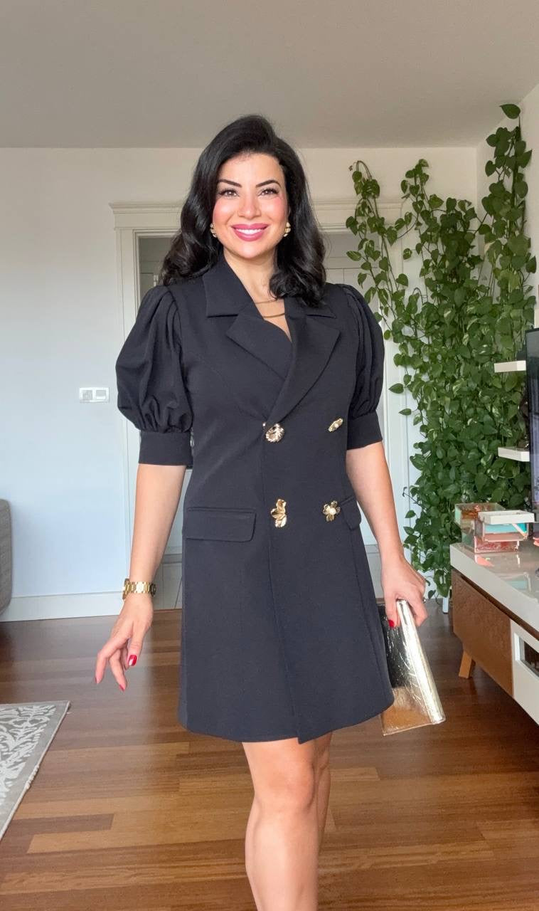 BALLOON SLEEVE BROOCH DETAIL BLAZER DRESS - BLACK