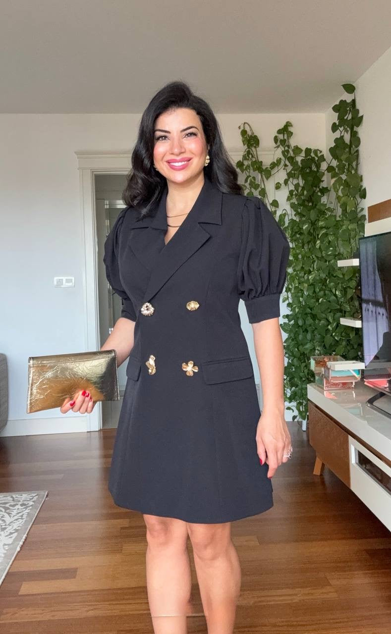 BALLOON SLEEVE BROOCH DETAIL BLAZER DRESS - BLACK