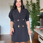 BALLOON SLEEVE BROOCH DETAIL BLAZER DRESS - BLACK
